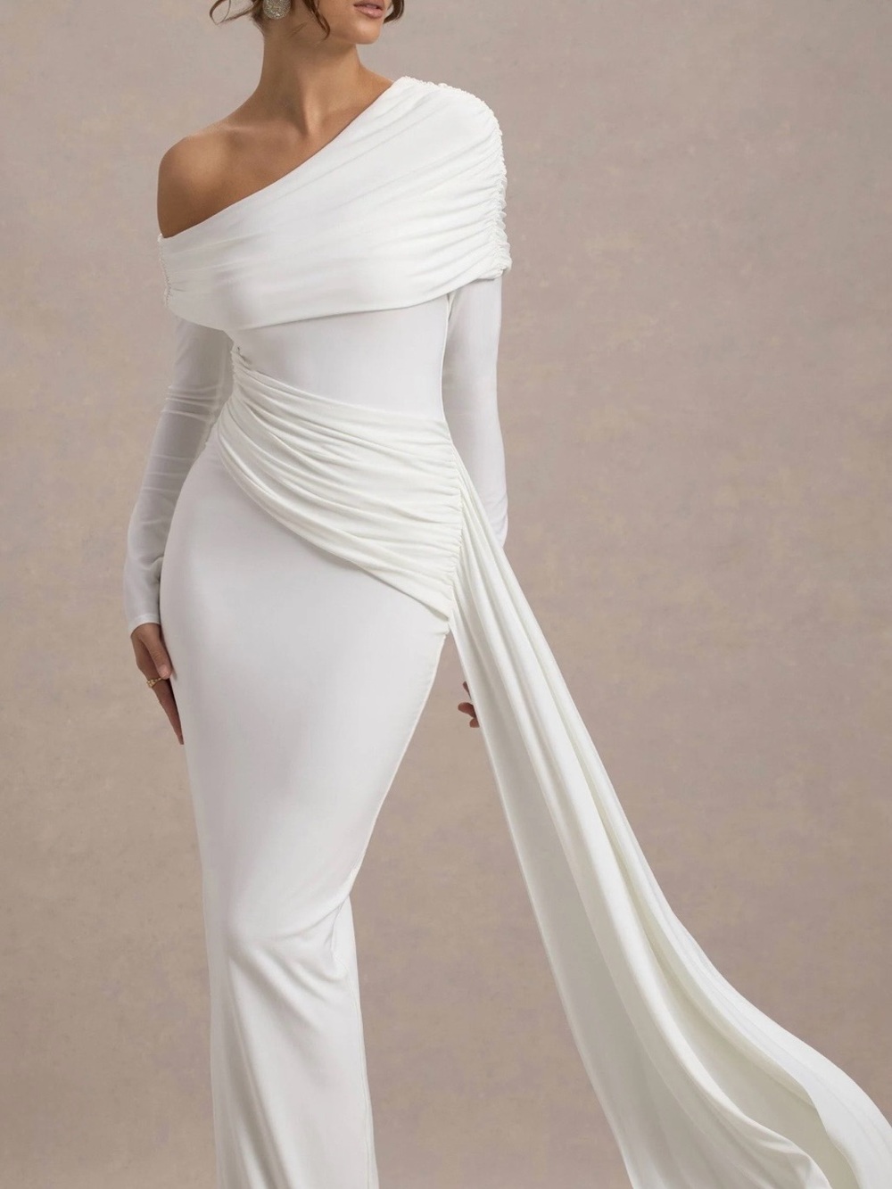 Club L London Valina White Ruched Asymmetric Maxi Dress with Drape